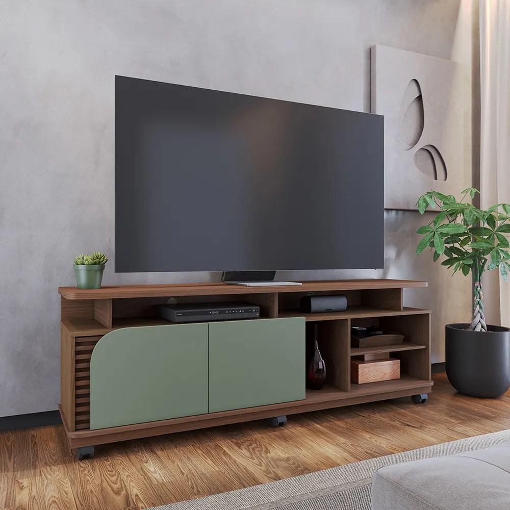Bancada Tv de 75'' 2 Portas com Rodízio Ewa 180cm Amêndoa/Verde Pistache C04 - D'Rossi