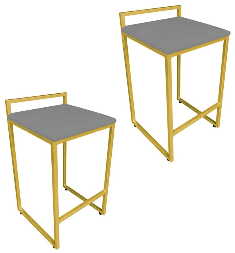 Conjunto 02 Banqueta Alta Industrial Pietra Suede Grafite Base Dourado D'Rossi