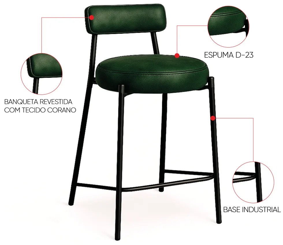 Banqueta de Cozinha Baixa com encosto Industrial em aço kit 2 Londres PU D03 - D'Rossi - Verde