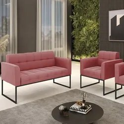 Sofá Namoradeira e 1 Poltrona Base Industrial Preto Ana Suede Rosê - I