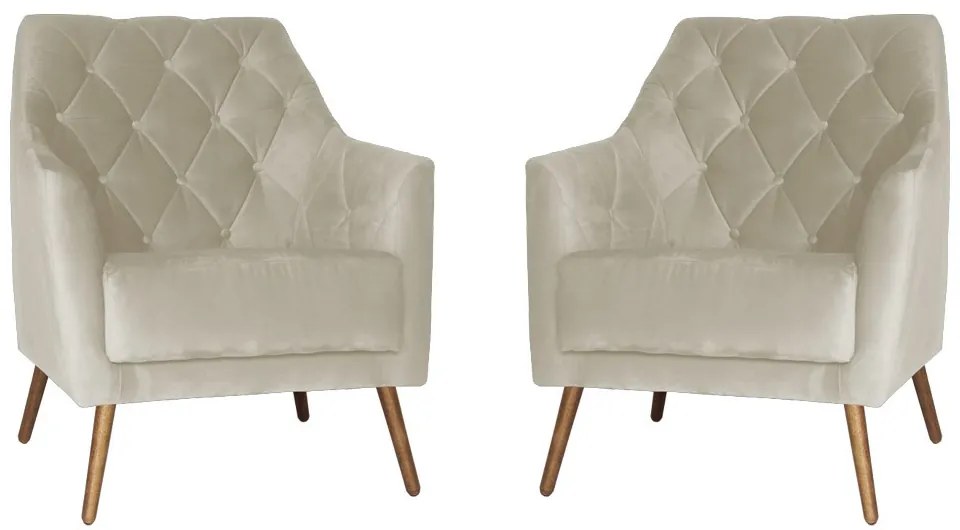 Kit 2 Poltronas Atena Decorativa Botonê Pés Palito Veludo Bege