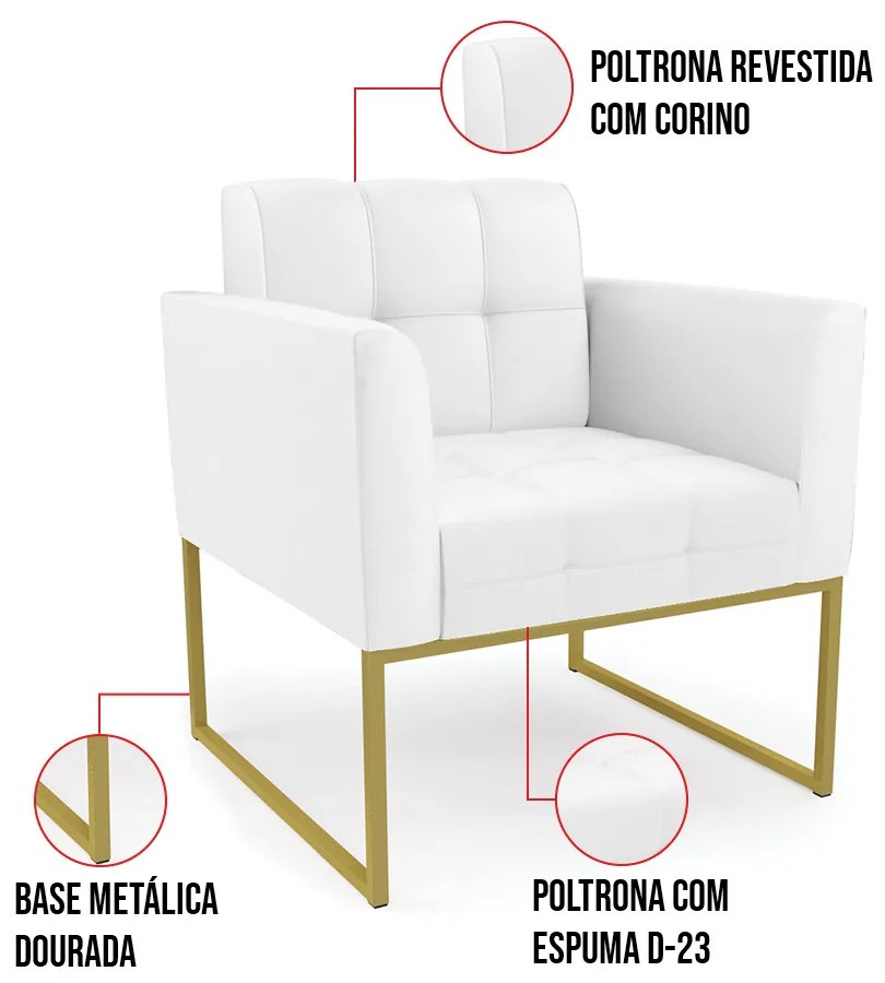 Kit 1 Sofá Namoradeira e 1 Poltrona Elisa Corino Base Metálica Industrial Dourado D03 - D'Rossi - Branco