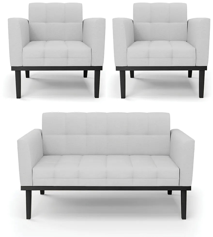 Conjunto 2 Poltronas e 1 Namoradeira Decorativa Karen Pés Fixo em Madeira Preto Linho Cinza G19 - Gran Belo