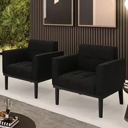 Poltrona Base Madeira Preto Kit 2 Ana Suede Preto - Ibiza