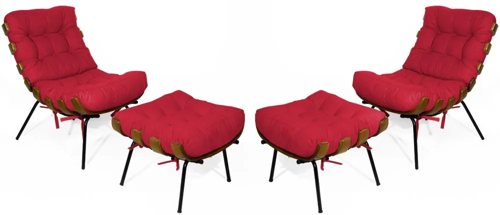 Kit 2 Poltronas Costela Com 2 Puff Costela Suede Vermelho