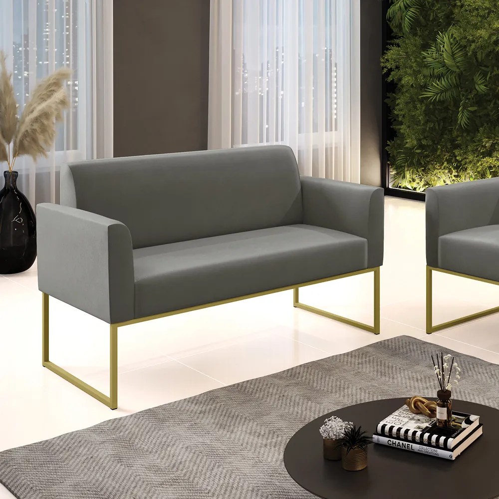 Sofá Namoradeira Base Industrial Dourado Marisa Suede Grafite D03 - D'Rossi
