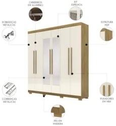 Guarda Roupa Casal 218cm Com Espelho Elegance Nature/Champanhe - Vila