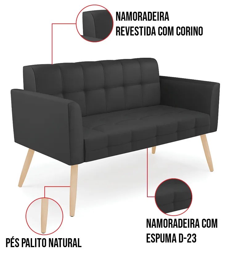 Kit 1 Sofá Namoradeira e 1 Poltrona Elisa Corino Pés Palito Natural D03 - D'Rossi - Preto