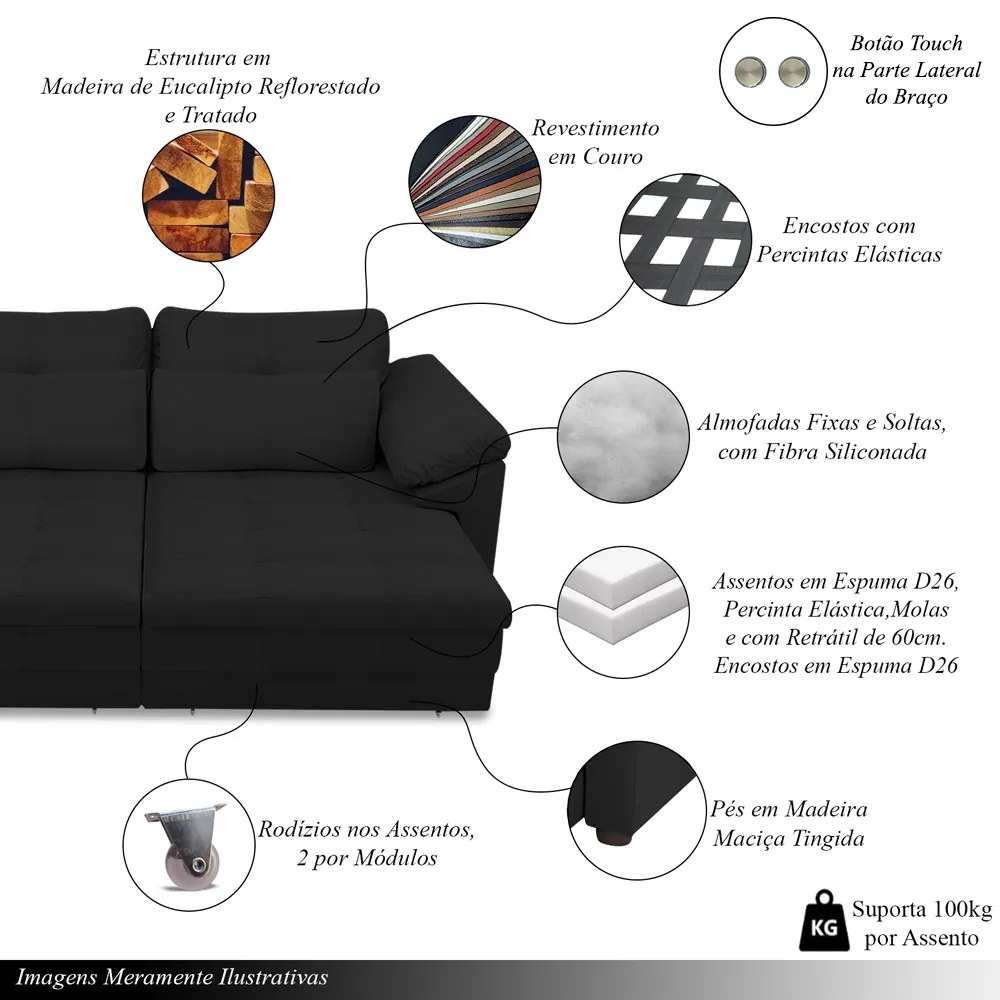 Sofá Retrátil Elétrico Sala de Estar Nolan Bipartido 379cm Conforto Premium em Couro Preto G58 - Gran Belo