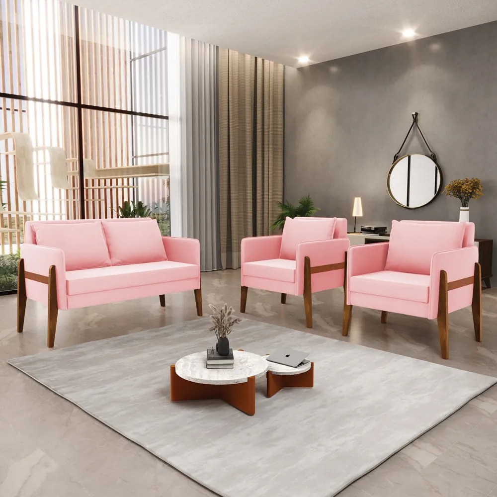 Kit 1 Sofá Namoradeira e 2 Poltronas Lana Suede Rosa Bebê Base de Madeira - D'Rossi