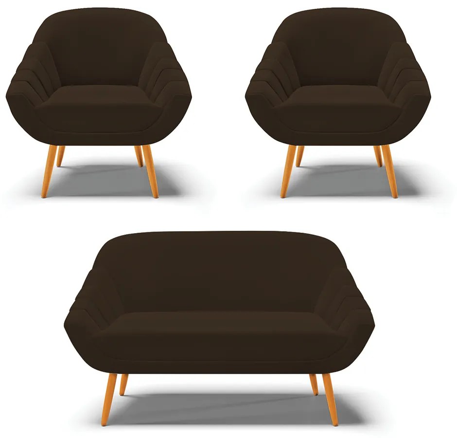 Kit 01 Namoradeira 02 Lugares e 02 Poltronas Giovana Suede Pés Palito Castanho - D'Rossi - Marrom