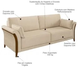 Sofá Living 3 Lugares 222cm Pés Madeira Roya Z32 Linho Champanhe - Mpo