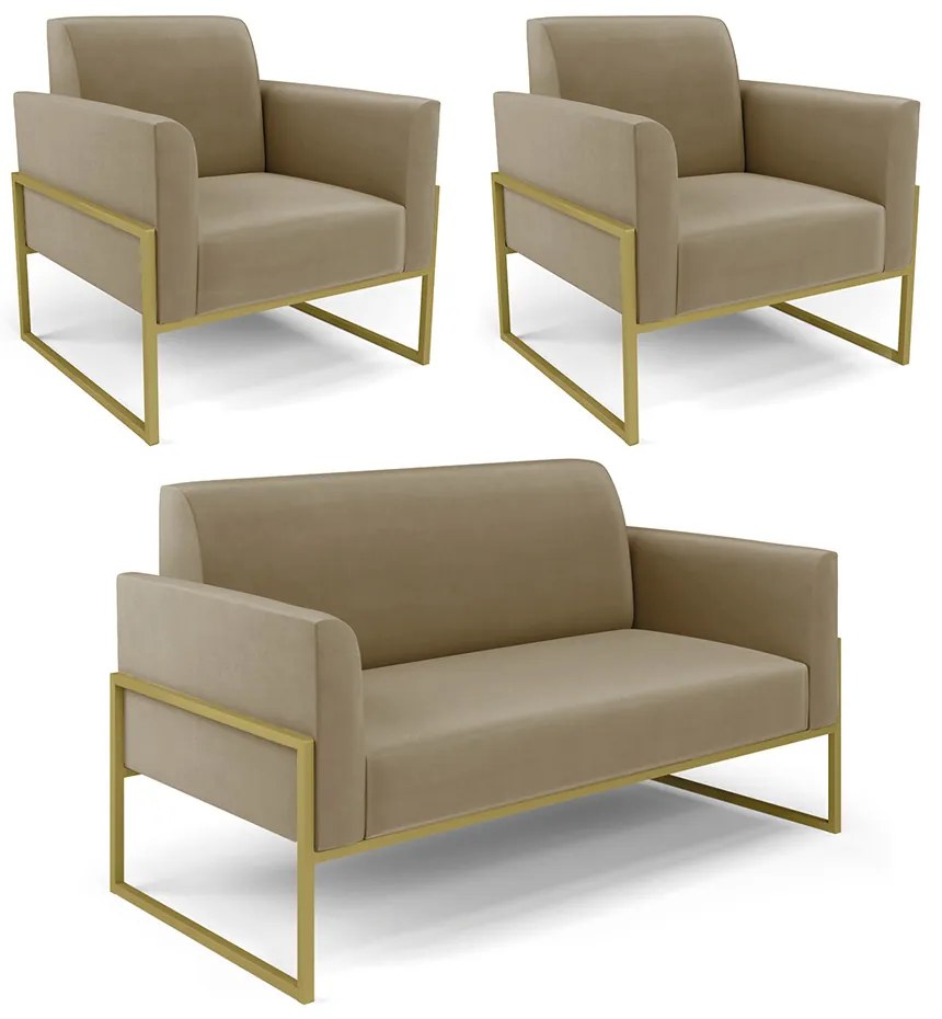 Sofá Namoradeira com 2 Poltronas Base Industrial Alta Dourado Marisa Suede D03 - D'Rossi - Marrom Rato