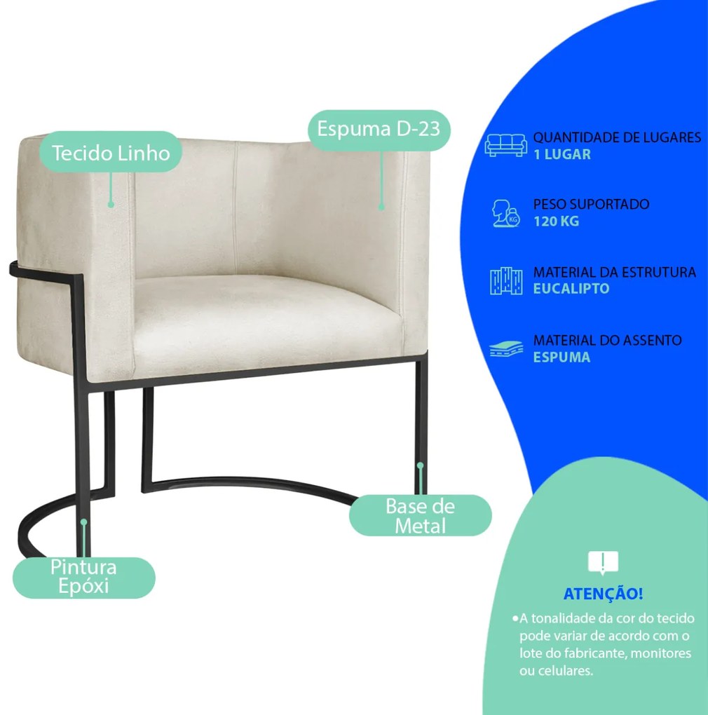 Poltrona Dália Luxo Moderna Estofada Design Sofisticado com Base de Ferro Preto Linho