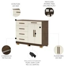 Cômoda Quarto Sapateira 2 Portas 4 Gavetas Lírio Imbuia/Champanhe V02