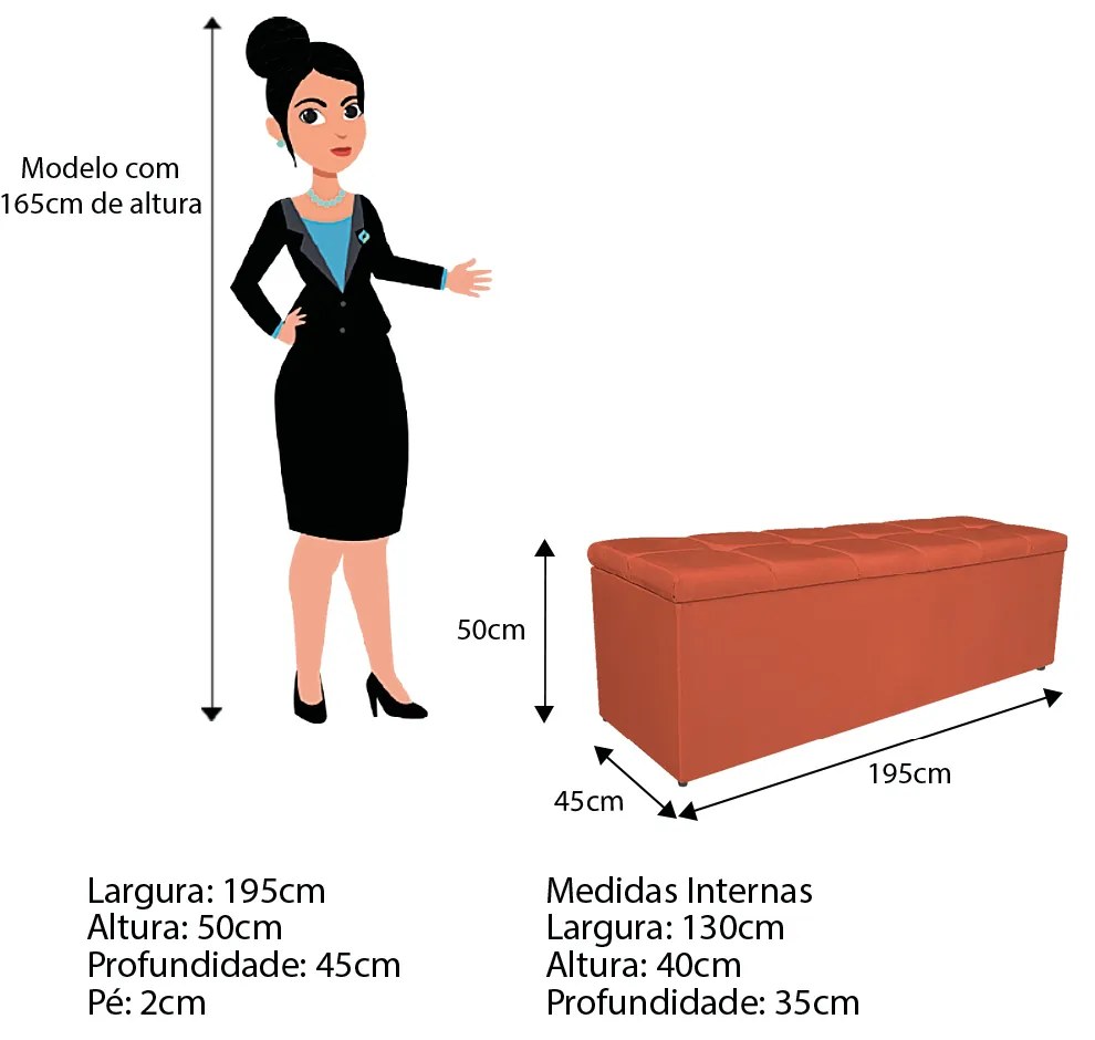 Calçadeira Estofada Manchester 195 cm King Size Suede Terracota - ADJ Decor