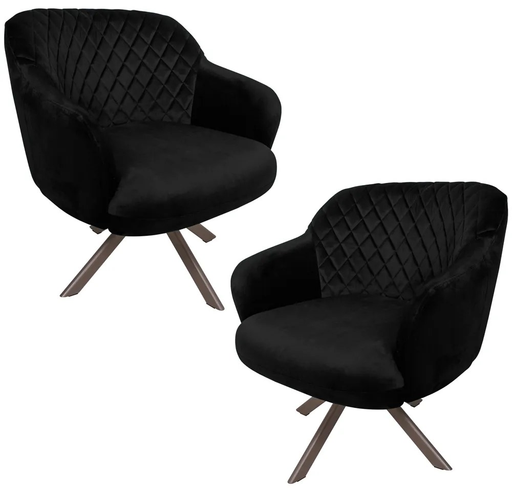 Kit 2 Poltronas Decorativas Kitana Pés Champagne Giratório Veludo Preto G15 - Gran Belo