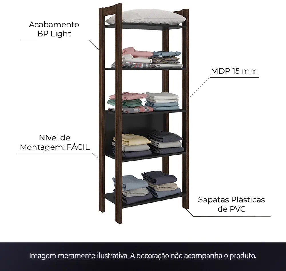 Estante 5 Prateleiras Escritório Sala de Estar Home Office AZ1005 MDP Preto/Nogal G69 - Gran Belo