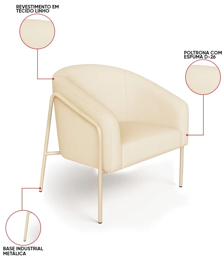 Poltrona Sala Industrial Alta Champanhe Kit 2 Stella Linho D03 - D'Rossi - Bege