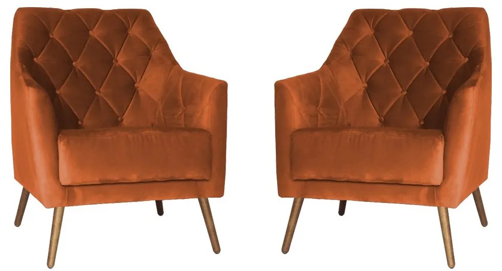 Kit 2 Poltronas Atena Decorativa Botonê Pés Palito Veludo Telha