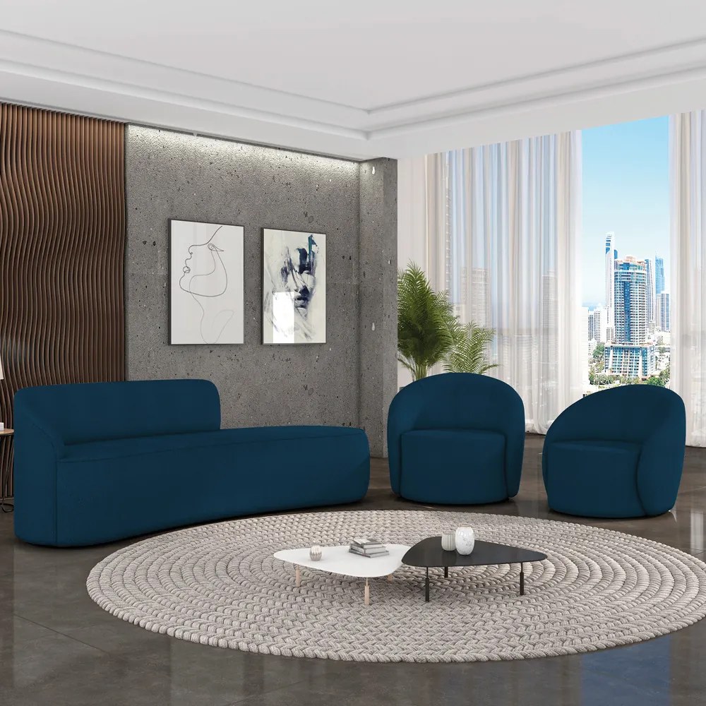 Sofá 4 Lugares Orgânico 220cm Morgan e 2 Poltronas Lua Bouclê Azul D03 - D'Rossi