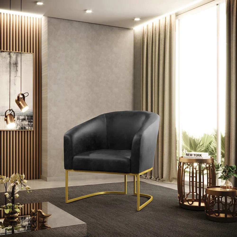 Poltrona Decorativa Industrial Dourado kit 2 Stella Sintético PU D03 - D'Rossi - Preto
