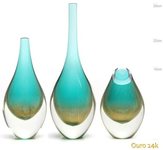 Conjunto 3 Gotas Mini Verde com Ouro Murano Cristais Cadoro