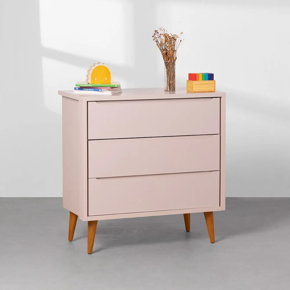 Cômoda Theo 3 Gavetas com Pés Retrô Mel - Rosa