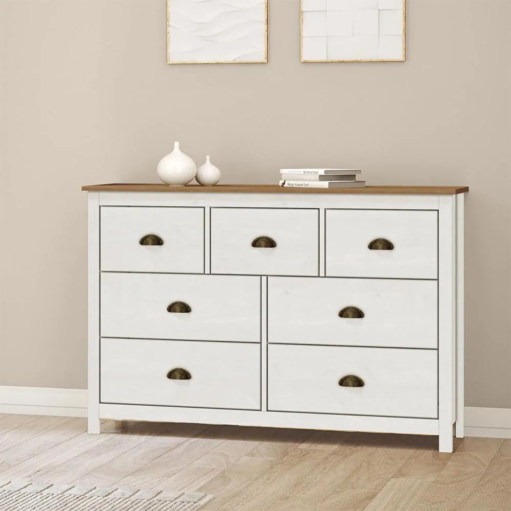 Cômoda Decorativa 7 Gavetas Madeira Maciça Osiris Branco/Freijó - G74 - Gran Belo
