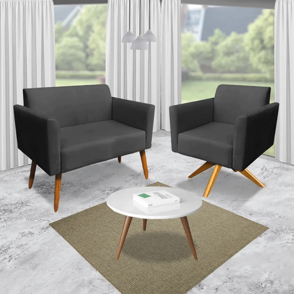 Kit 01 Namoradeira e 02 Poltronas Marisa Suede Base Giratória Madeira MA30 - Preto