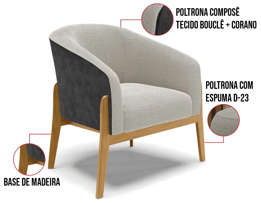 Poltrona Decorativa Base Madeira Kit 2 Stella PU Preto/Bouclê D03 - D'Rossi - Cinza