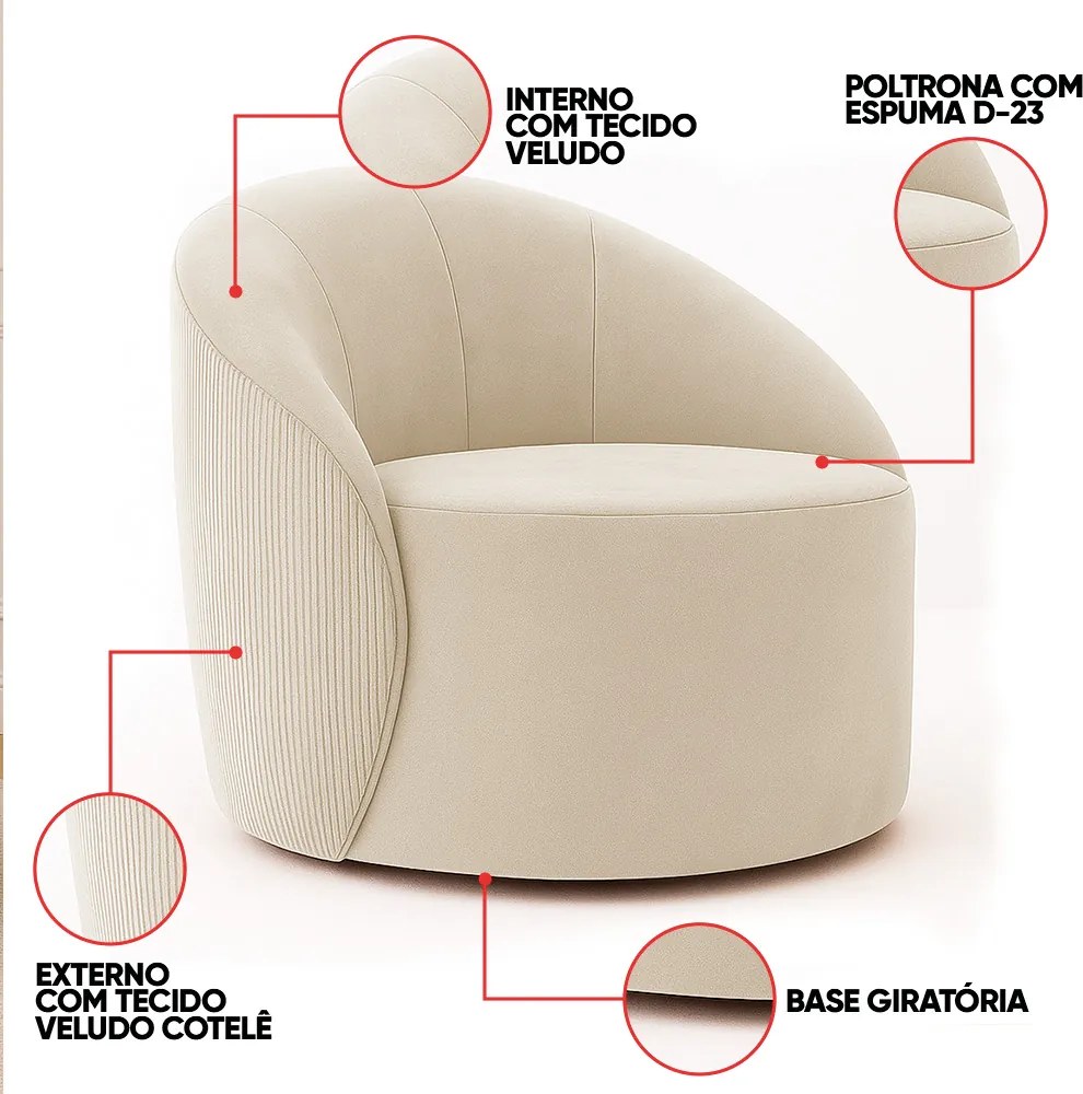 Sofá 4 Lug Orgânico 220cm Morgan e Poltrona Giratória Lua Cotelê/Veludo Bege D03 - D'Rossi
