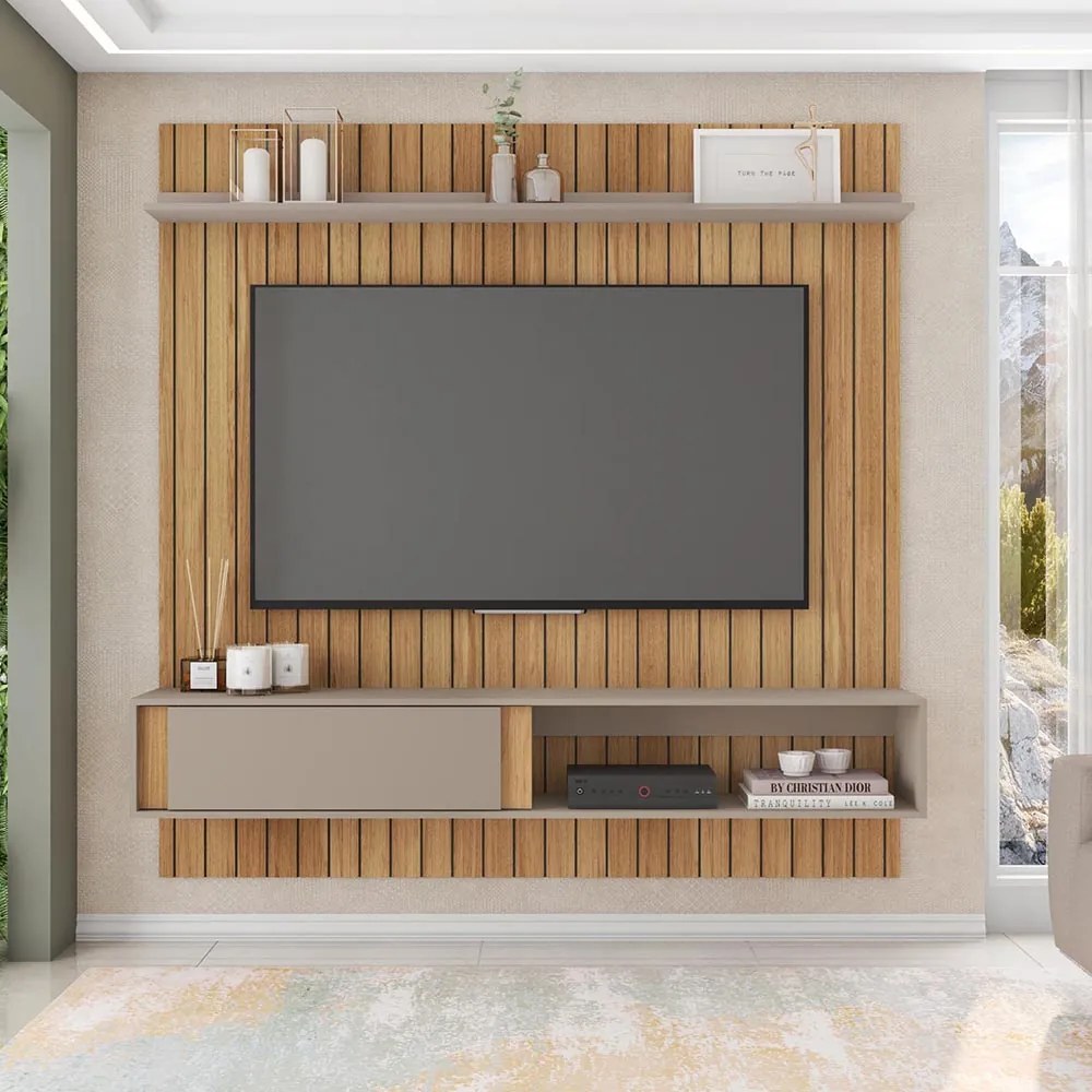 Painel TV 75 Pol 180cm Bancada Suspensa Ripado Eluni Buriti/Cinza C01 - D'Rossi