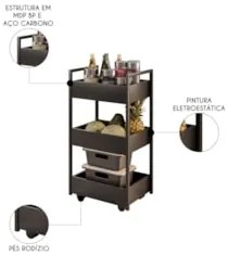 Carrinho Gourmet de Apoio Industrial 3 Prateleiras Liss Z34 Preto - Mp