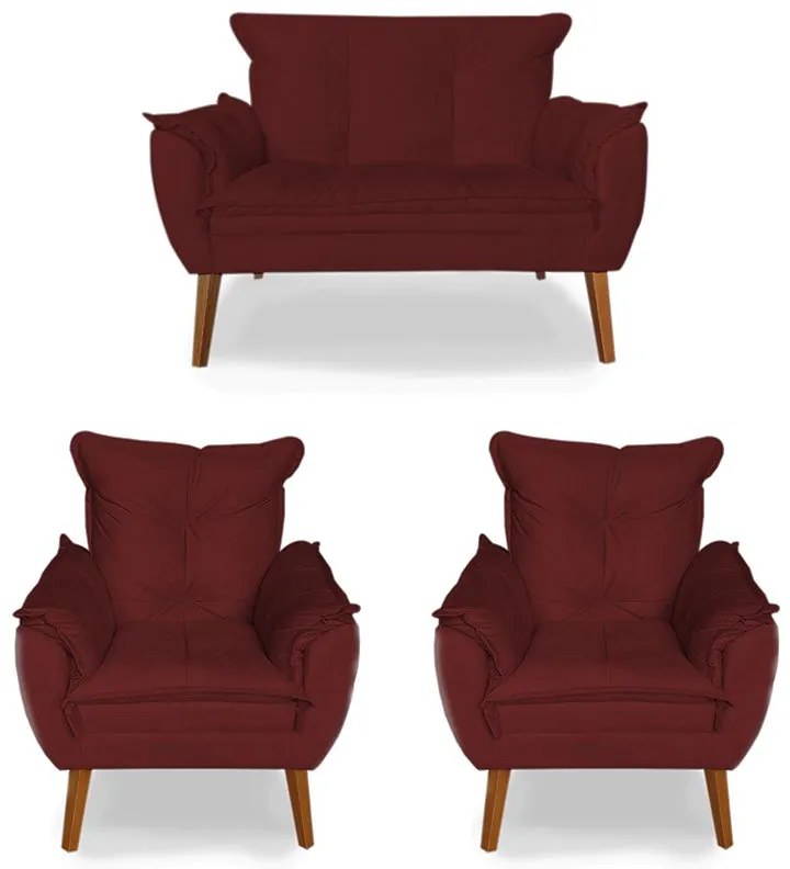 Kit 2 Poltronas 1 Namoradeira Apolo Pés Madeira Suede Bordô - Sheep Estofados - Vermelho escuro