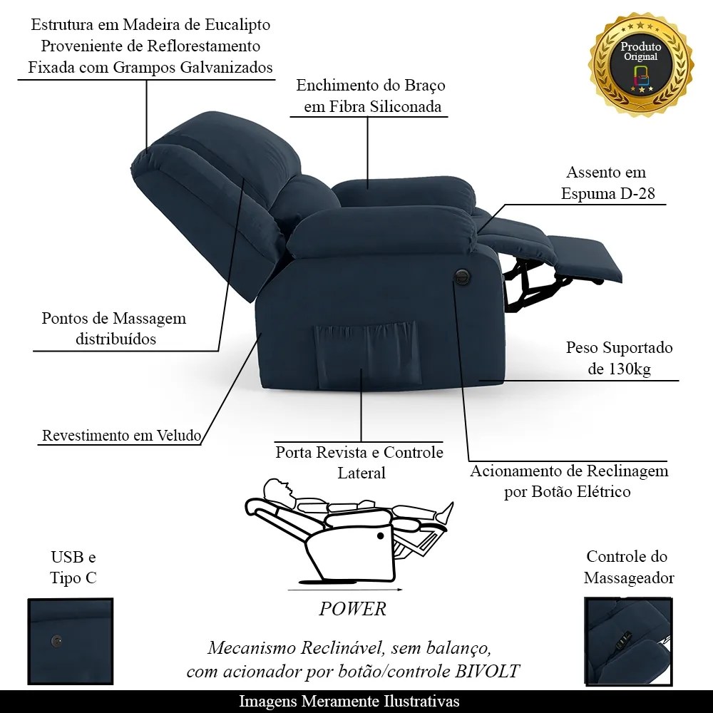 Poltrona do Papai Reclinável Sala de Cinema Madrid Power Elétrica Massagem USB Veludo Azul  G23