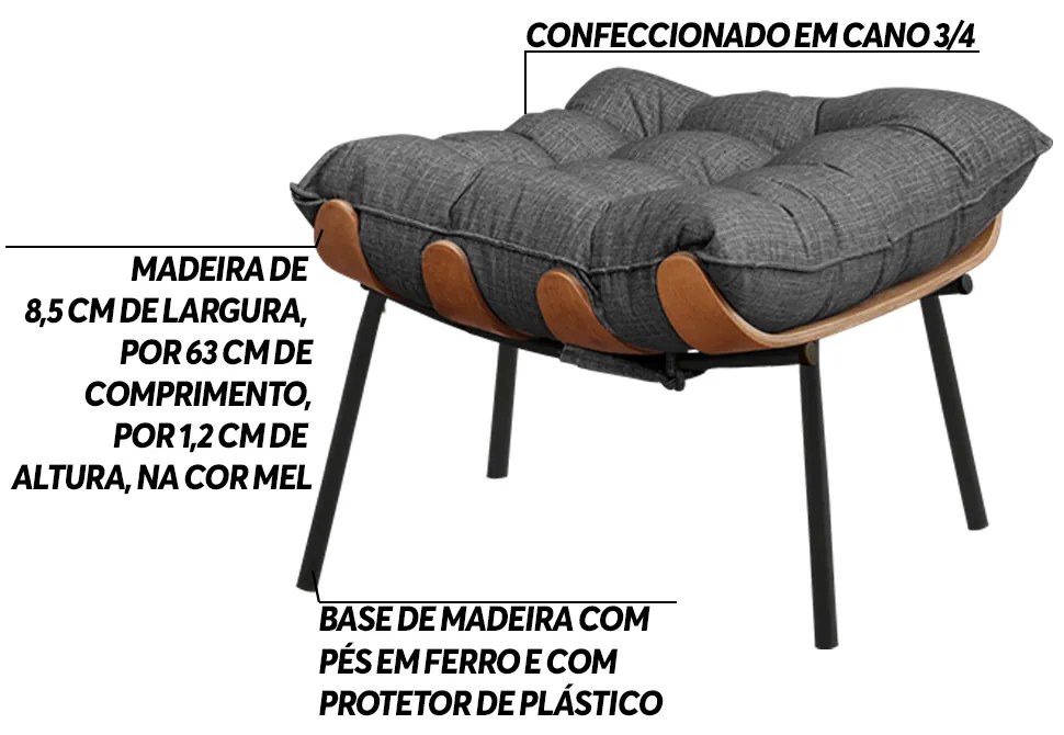Kit 2 Puffs Decorativos Sala de Estar Abel Base de Madeira Preto Linho Grafite G41 - Gran Belo