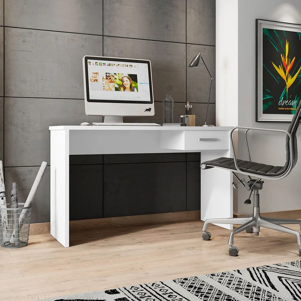 Mesa para Escritório Home Office com Gaveta Emma Branco Texturizado G47 - Gran Belo
