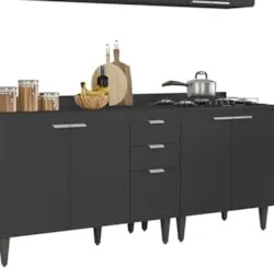 Armário de Cozinha Com Tampo CP05 260cm Pérola Preto Z34      - Mpozen
