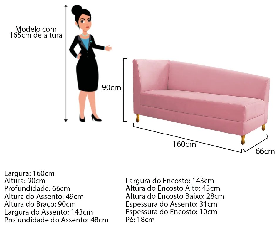 Recamier Valéria 160cm Lado Esquerdo Suede Rosa Bebê - ADJ Decor
