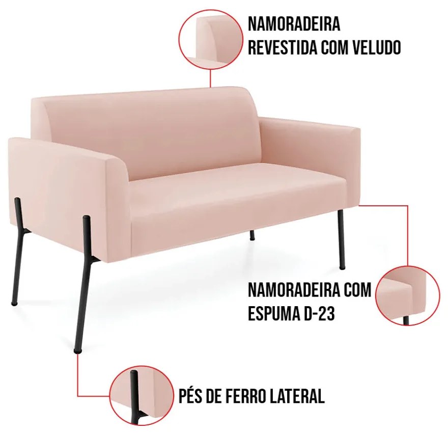 Sofá Namoradeira e 2 Poltronas Pé de Ferro Preto Elisa Veludo Rosê D03 - D'Rossi