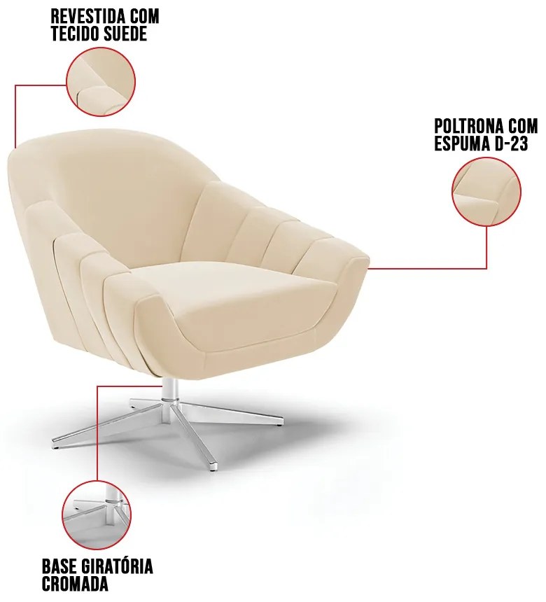 Poltrona Giratória Giovana Suede Base Cromada D03 - D'Rossi - Bege