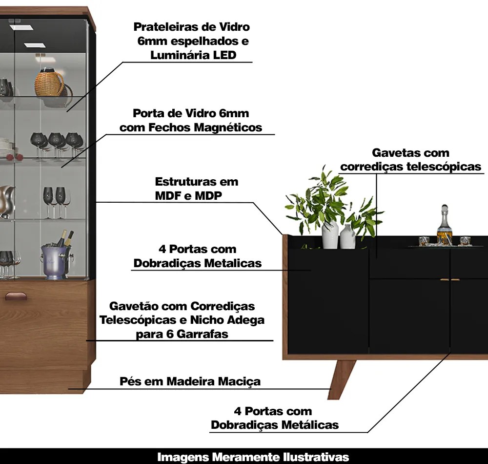 Conjunto Buffet Balcão e Cristaleira Decorativa Albani/Peggy Preto/Nature G26 - Gran Belo