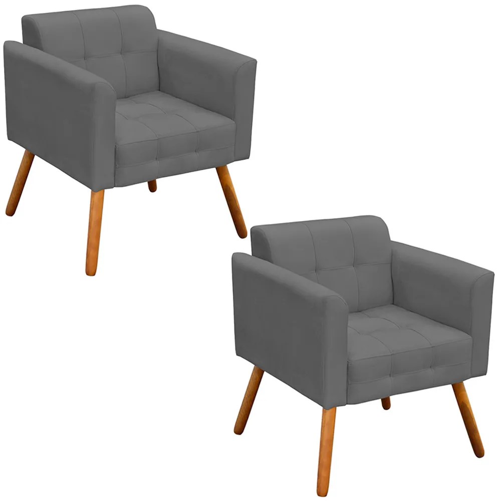 Kit 2 Poltronas Decorativas Pés Palito Karen Suede Grafite G19 - Gran Belo