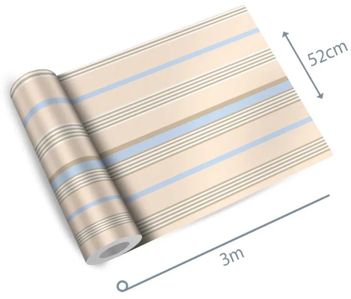Papel de Parede Listrado creme marrom e azul 0.52m x 3.00m