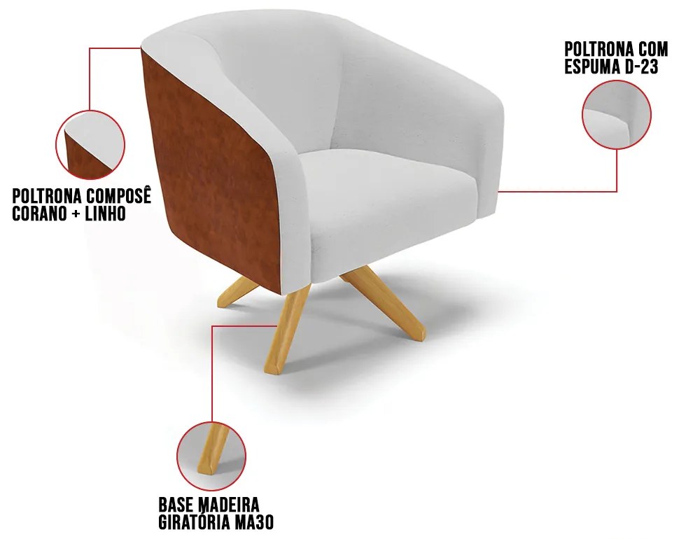 Poltrona Decorativa Giratória MA30 Stella Nozes/Linho Cinza D03 - D'Rossi