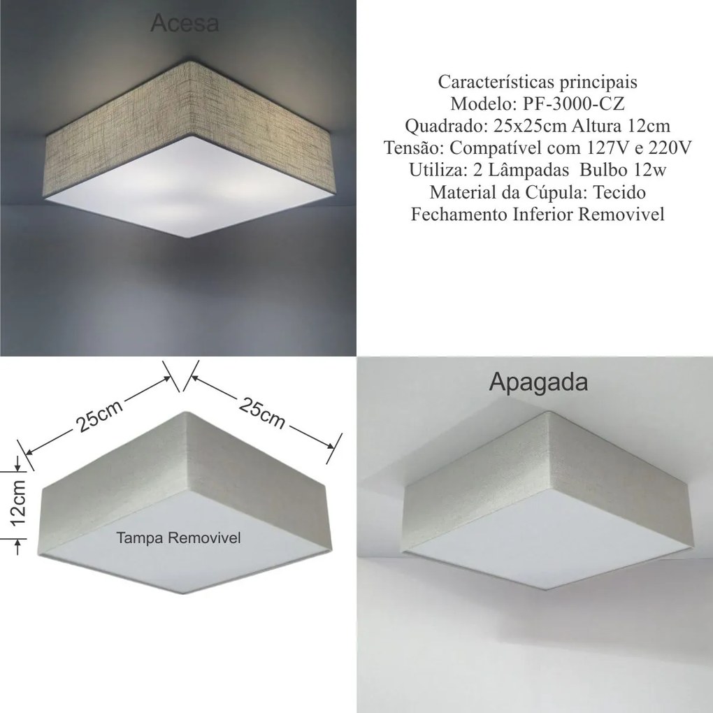 Plafon Quadrado Md-3000 Cúpula em Tecido 25x25cm Rústico Cinza - Bivolt
