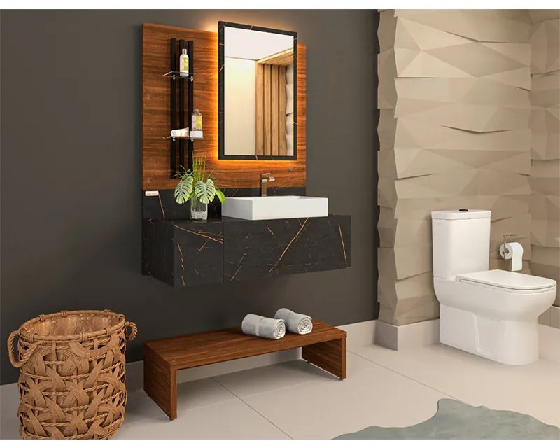 Conjunto de Banheiro Painel com Espelho e Gabinete Safira Imbuia/Reali/Preto - Vizzato - Preto