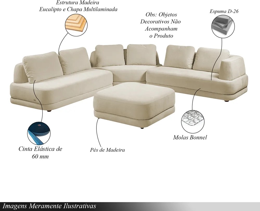 Sofá de Canto Modulado Vercelli 602cm com Almofadas Soltas e Puff Veludo Luxo Bege G92 - Gran Belo