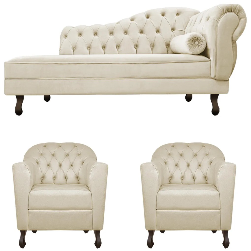 Kit Diva Recamier Diana 130cm Lado Esquerdo e 02 Poltronas Julia Linho - ADJ Decor
